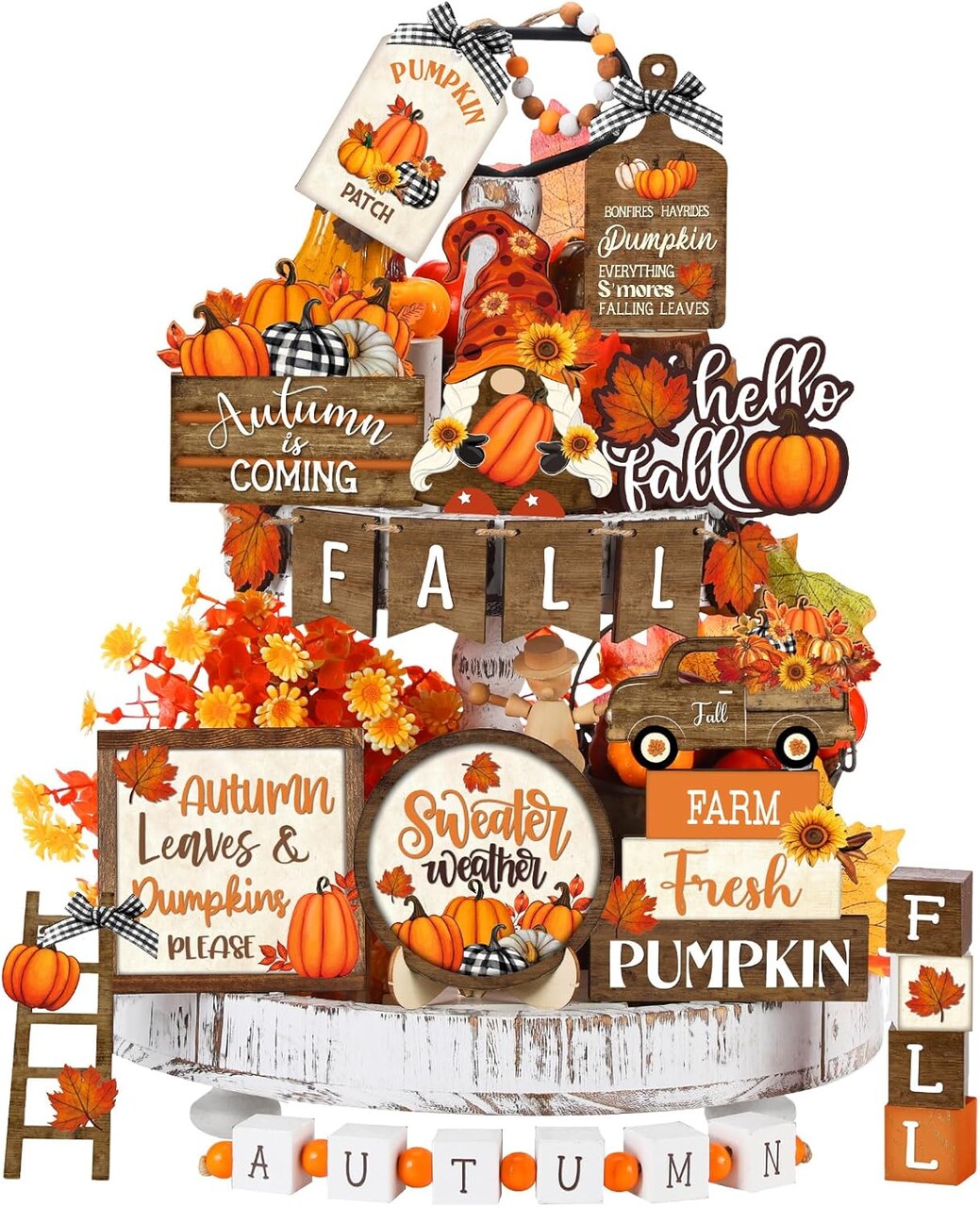 21 Pcs Fall Thanksgiving Tiered Tray Decor Set Pumpkin Gnome(Vintage)